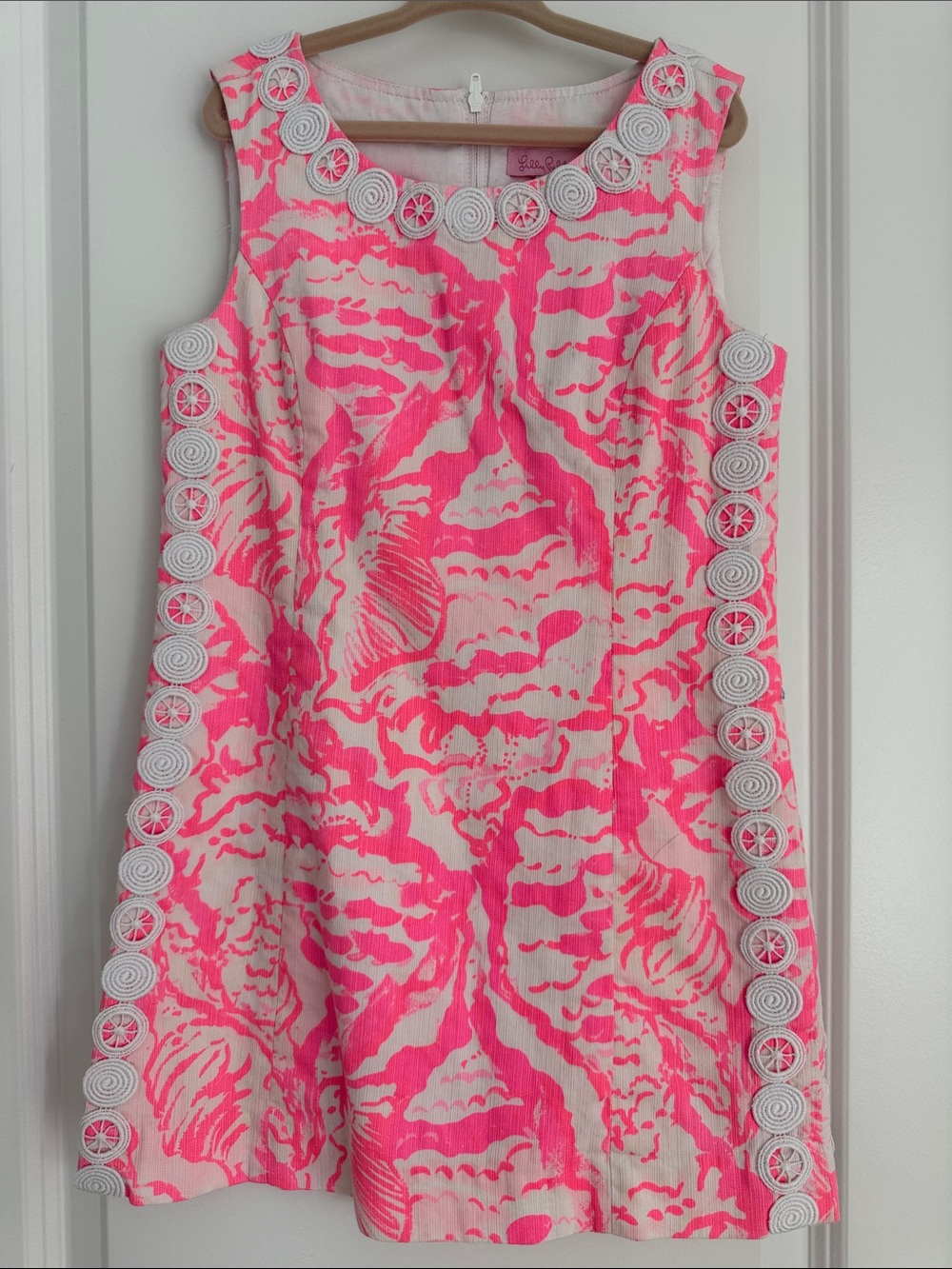 Lilly Pulitzer Neon Pink & White Sleeveless Shift Dress with Rosette Trim
